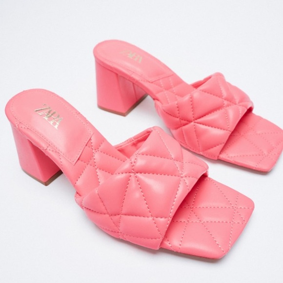 Zara New Bright Pink Quilted Heeled Squared Toe Mules Shoes, size 11, nwt - Picture 2 of 6